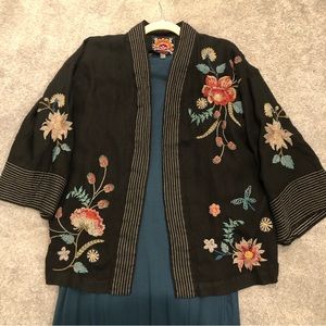 Johnny Was black embroidered linen kimono